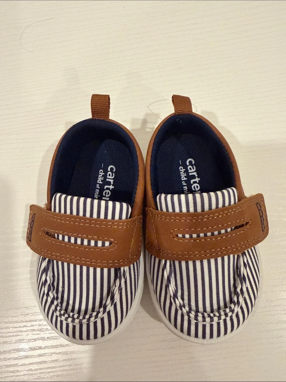 Carter's Navy and White Striped Slip-On Shoes with Brown Strap